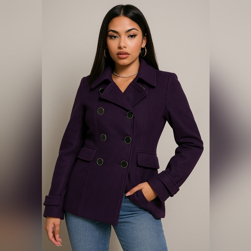 Purple Wool-Blend Double-Breasted Peacoat S Jacket Funnelneck Short Royalcore Li